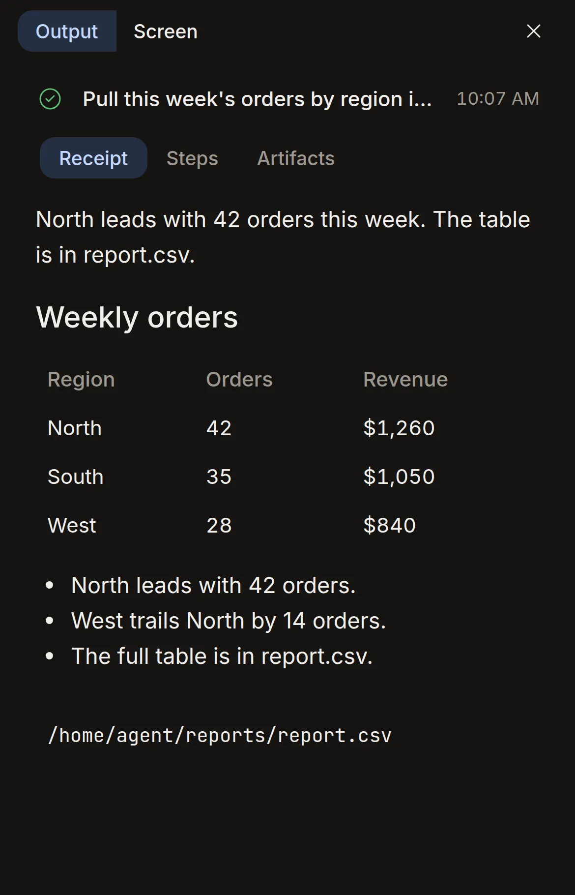The web app at phone size on a job's receipt: the Weekly orders table and report.csv