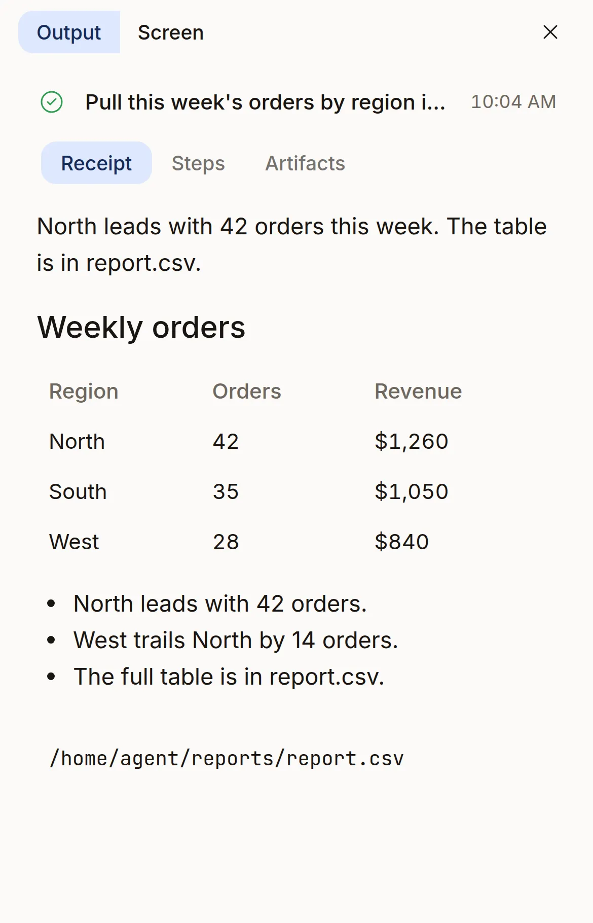 The web app at phone size on a job's receipt: the Weekly orders table and report.csv
