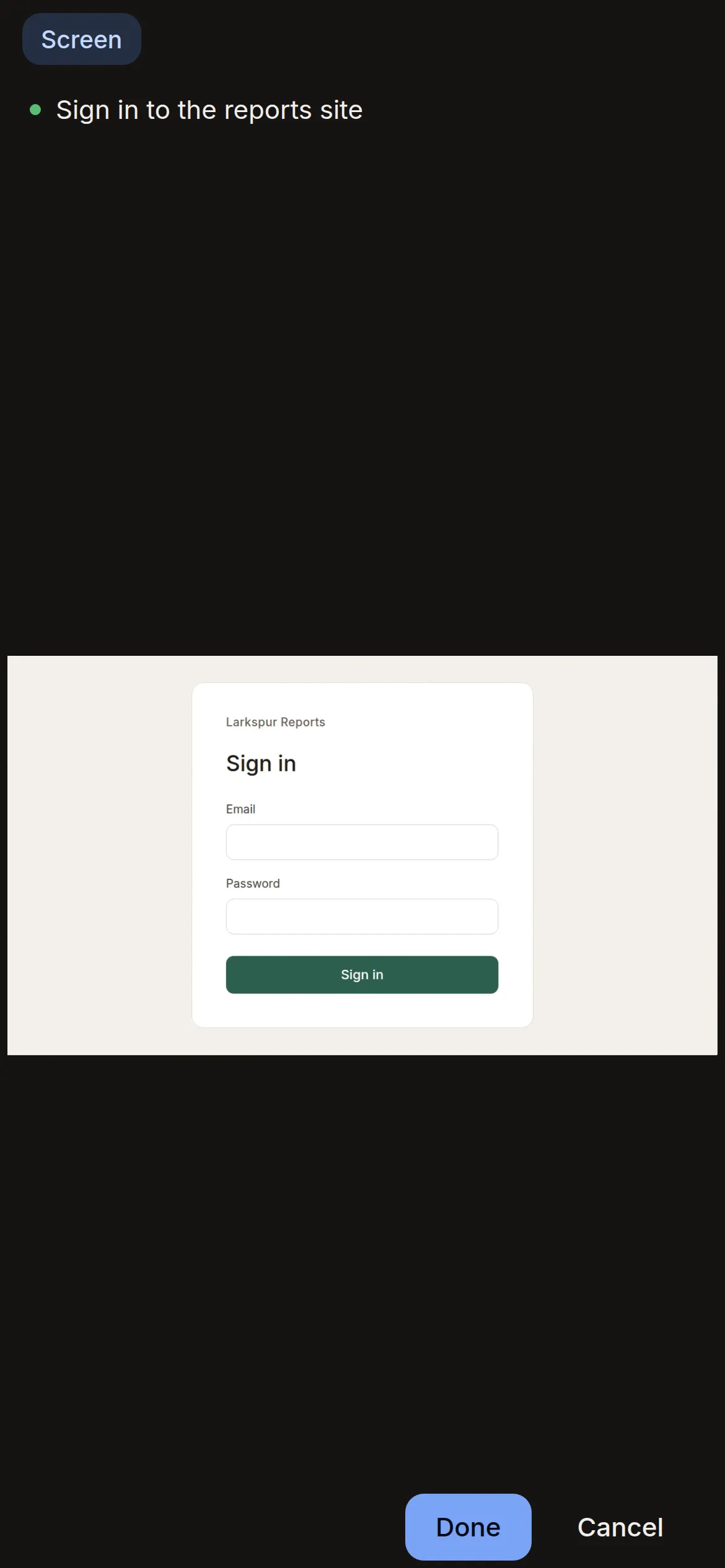 The web app at phone size on a handoff: the reports site's sign-in page, with Done and Cancel