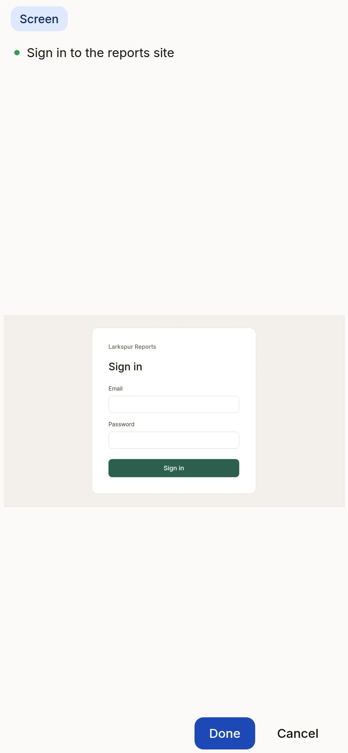 The web app at phone size on a handoff: the reports site's sign-in page, with Done and Cancel