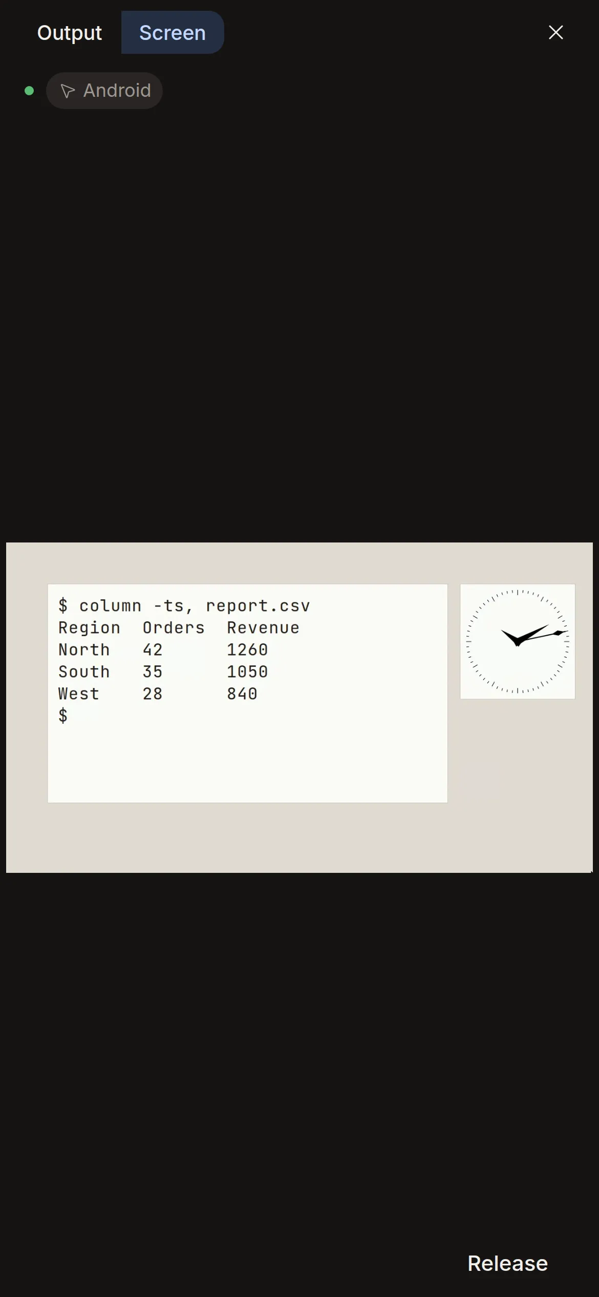 Phone size: the Screen tab under Control, with Release