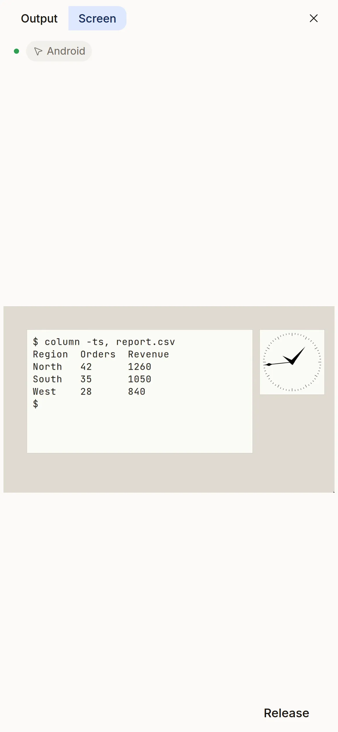 Phone size: the Screen tab under Control, with Release