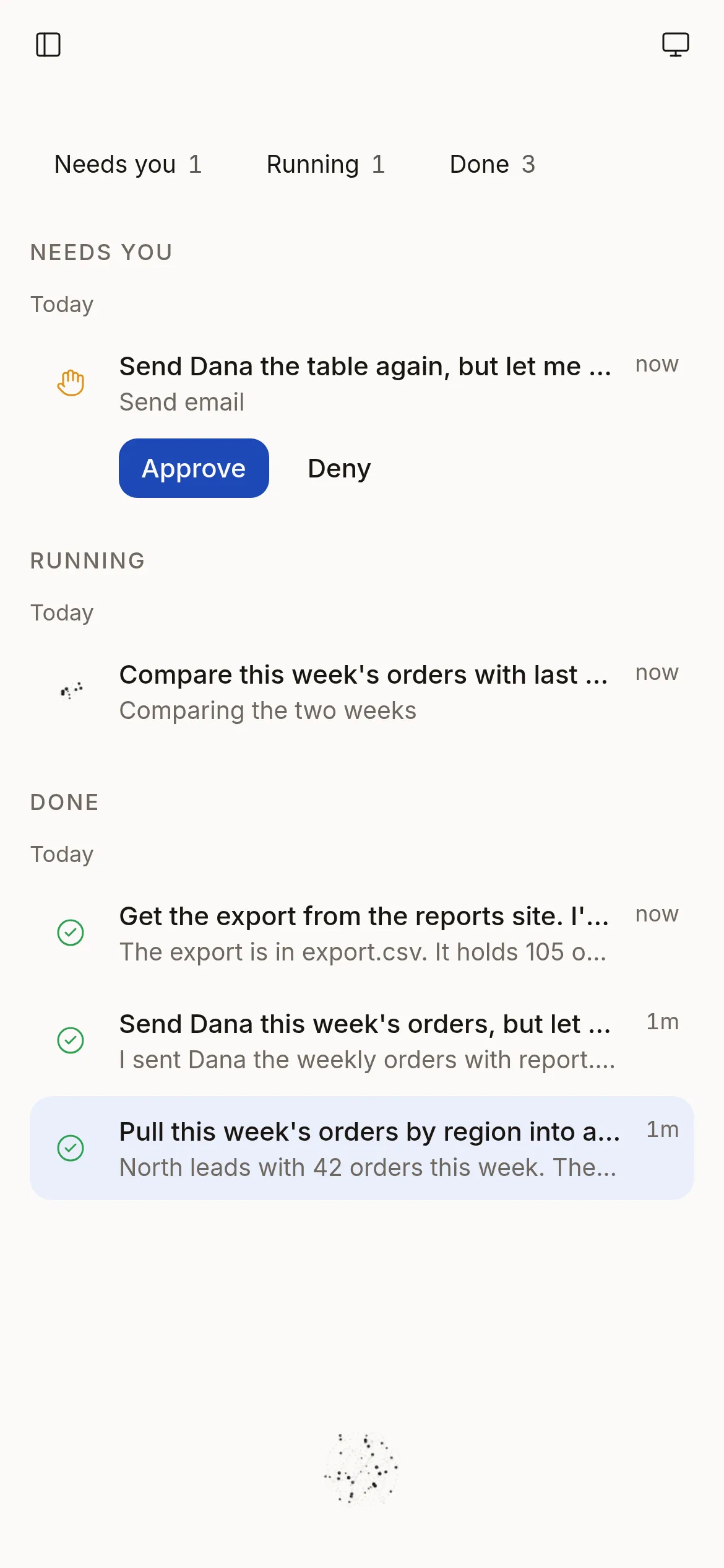 Phone size: Jobs grouped as Needs you, Running and Done