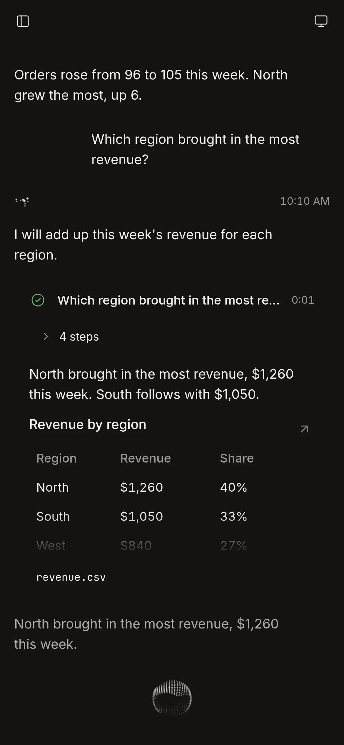 Phone size: the agent answers with a revenue table and revenue.csv