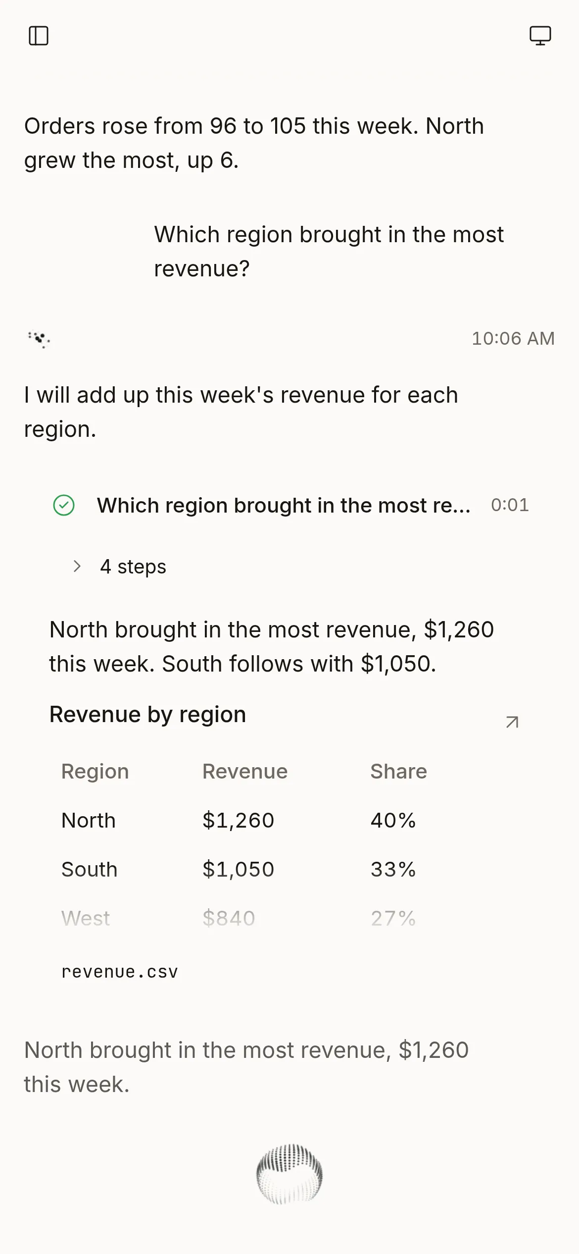 Phone size: the agent answers with a revenue table and revenue.csv