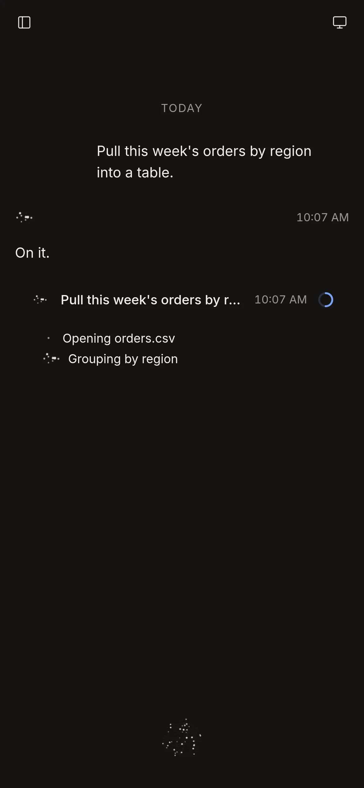 Phone size: the request in the feed, the job running with its steps