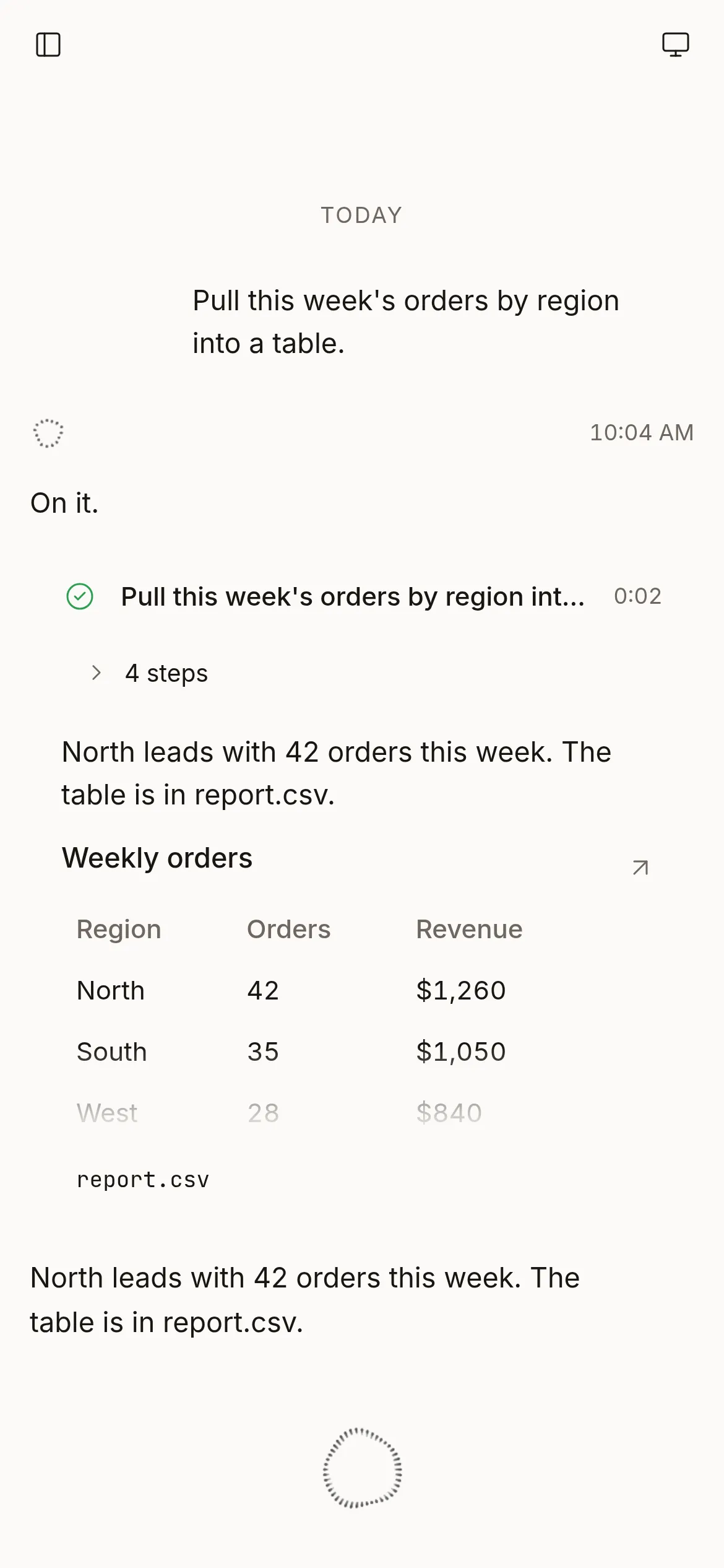 Phone size: the job done, its table and report.csv in the feed