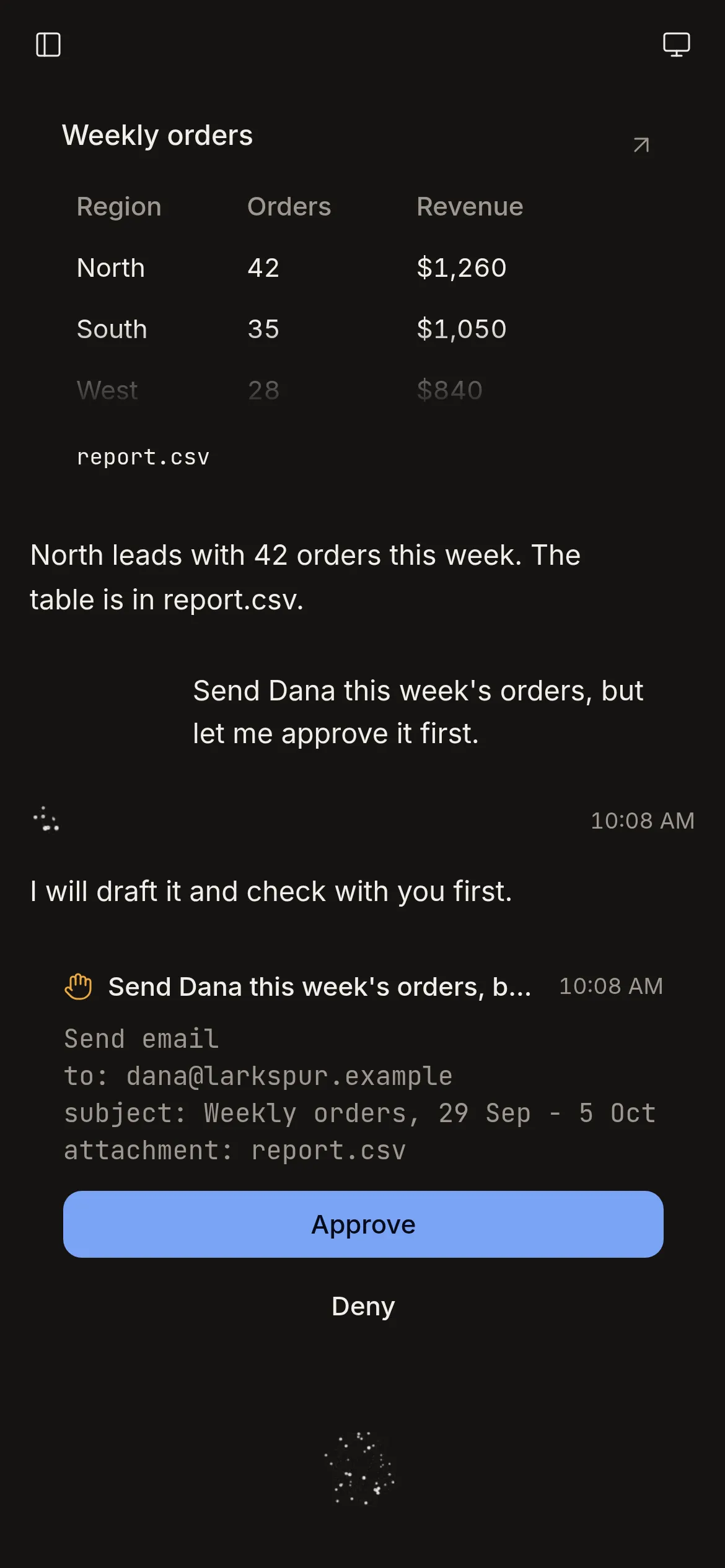 Phone size: the agent asks to send an email, with Approve and Deny