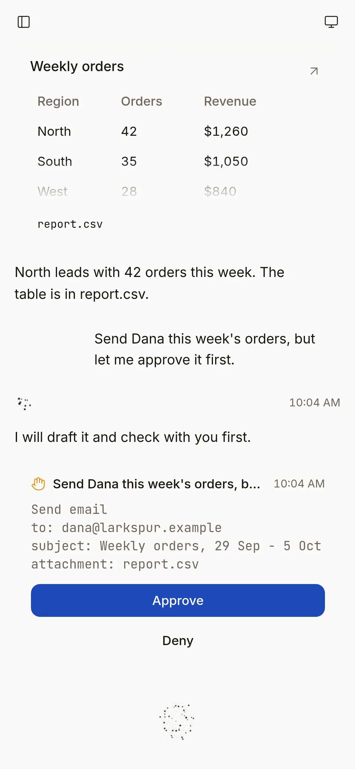Phone size: the agent asks to send an email, with Approve and Deny
